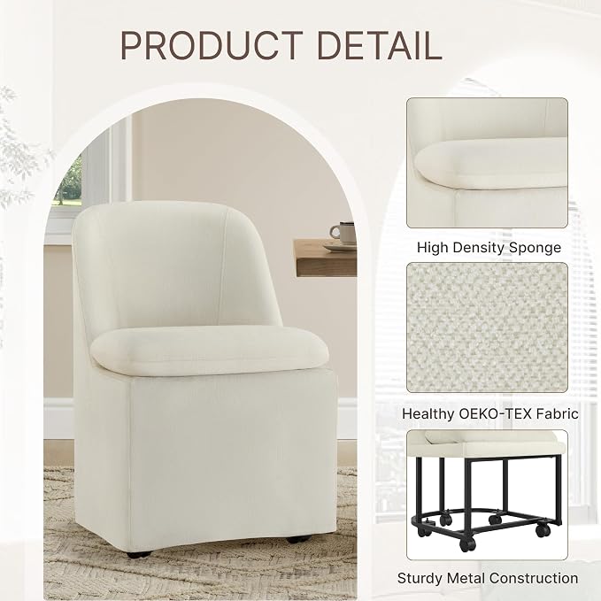 KISLOT Upholstered Dining Chairs with Casters, Washable Cover Modern Dining Room Chairs with Thick Cushion & Sturdy Metal Frame for Kitchen, Living Room, Dressing Room, Linen Fabric, Set of 2