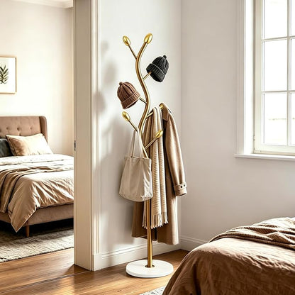 Coat Rack Freestanding, Artistic Tree-Shaped Gold Metal Hall Tree with Heavy-Duty Marble Base, Elegant Corner Garment & Purse Tree with 8 Rounded Hooks for Entryway, Bedroom, Office