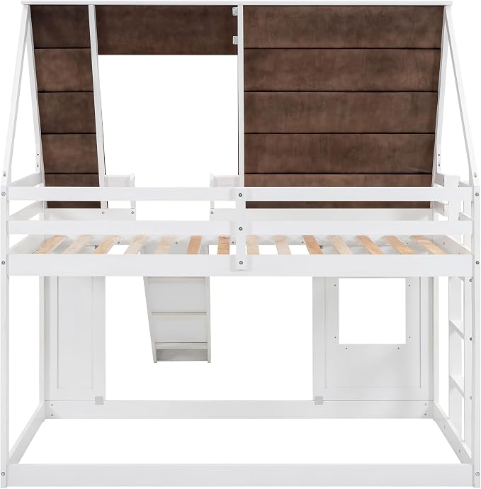 YOPTO Wood Twin Size House Bunk Bed with Roof, Ladder and Slide,Bedroom Low Loft Bed Frame,W/Guardrail,No Box Spring Needed,for Kids,Teens,Girls,Boys White+Brown