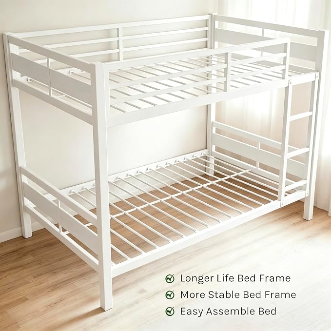 Bunk Bed Full Over Full, Heavy Duty Metal Bunkbeds with Full-Length Guardrail, Space-Saving Steel Bed for Kids & Adults, No Box Spring Required, White