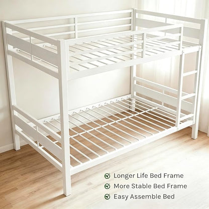 Bunk Bed Full Over Full, Heavy Duty Metal Bunkbeds with Full-Length Guardrail, Space-Saving Steel Bed for Kids & Adults, No Box Spring Required, White