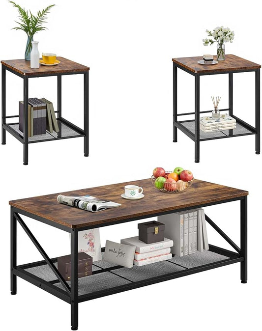 VEVOR 3 Pieces Living Room Table Sets, 41.3 in Industrial Coffee Table with 2 Square End Side Tables, Easy Assembly Coffee and End Tables Sets with Metal Legs, for Office, Living Room & Apartment