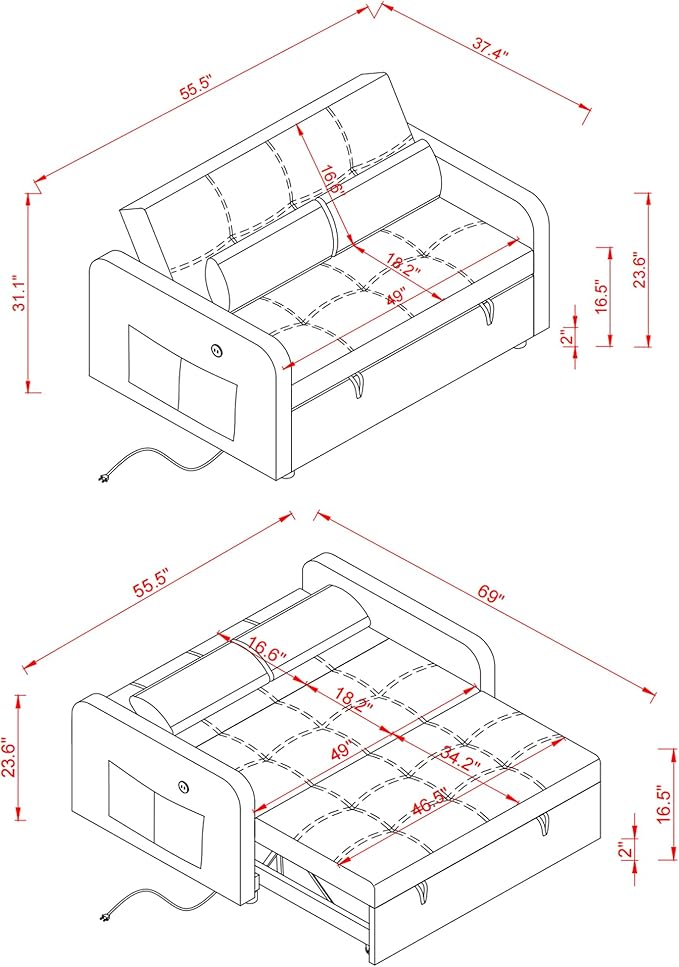 55.5" Velvet Convertible Sofa Bed, Pull Out Sleeper Sofa Bed, Loveseat Couch with USB Charging Ports, 3 in 1 Convertible Sleeper Sofa Bed for Living Room, Apartment, Bedroom, RV, Grey