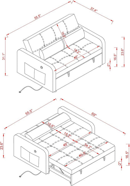 55.5" Velvet Convertible Sofa Bed, Pull Out Sleeper Sofa Bed, Loveseat Couch with USB Charging Ports, 3 in 1 Convertible Sleeper Sofa Bed for Living Room, Apartment, Bedroom, RV, Grey