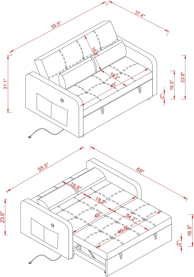 55.5" Velvet Convertible Sofa Bed, Pull Out Sleeper Sofa Bed, Loveseat Couch with USB Charging Ports, 3 in 1 Convertible Sleeper Sofa Bed for Living Room, Apartment, Bedroom, RV, Black