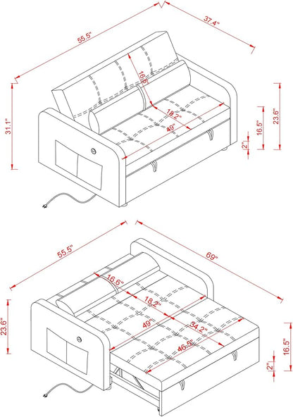 55.5" Velvet Convertible Sofa Bed, Pull Out Sleeper Sofa Bed, Loveseat Couch with USB Charging Ports, 3 in 1 Convertible Sleeper Sofa Bed for Living Room, Apartment, Bedroom, RV, Pink