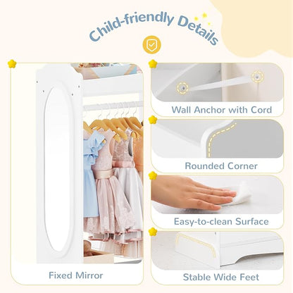 Curipeer Kids Dress up Storage with Mirror, Kids Wardrobe with 3 Hooks, Kids Closet for Girls Boys, Open Hanging Armoire Costume Organizer for Bedroom, Preschool, Classroom, White