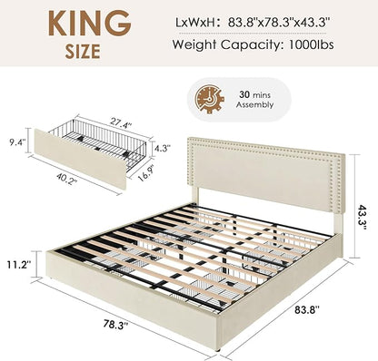 VECELO King Size Upholstered Bed Frame with 4 Storage Drawers, Adjustable Velvet Rivet Decor Headboard, Wooden Slats Platform Support, No Box Spring Needed, Easy Assembly,Beige