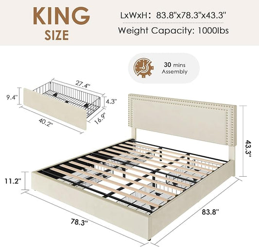 VECELO King Size Upholstered Bed Frame with 4 Storage Drawers, Adjustable Velvet Rivet Decor Headboard, Wooden Slats Platform Support, No Box Spring Needed, Easy Assembly,Beige