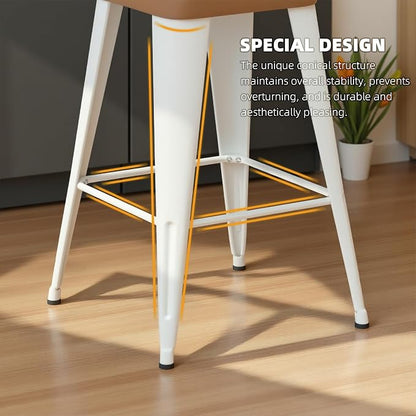 Bar Stools Set of 2, 24" Counter Height Bar Stools Backless, Upholstered Bar Stools with Brown Seat and White Metal Legs for Kitchen Island, Study Room, Cafe