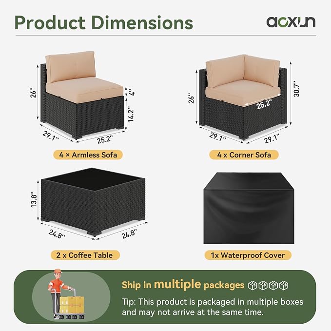 Aoxun 10 Piece Patio Furniture Set Wicker Rattan Patio Sectional Sofa Set Outdoor Seating Furniture with Thickened Cushion, Beige