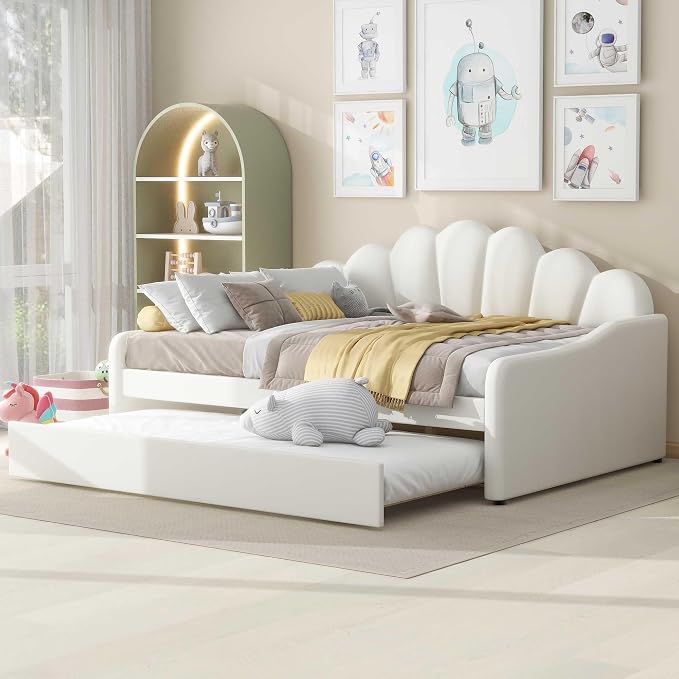 Ball & Cast Full Size Daybed with Trundle,Velvet Upholstered Day Bed Frame Full with Shall Shaped Backrest and Wood Slat Support,No Box Spring Needed,White