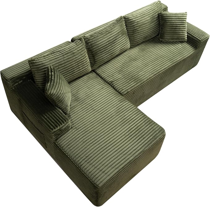 95" L-Shaped Right Facing Cloud Sectional Couch for Living Room, Modular Compressed Boneless Sectional Sofa Corduroy Boneless Corner Foam Sofa W/Chaise Lounge and Pillows