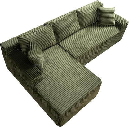 95" L-Shaped Right Facing Cloud Sectional Couch for Living Room, Modular Compressed Boneless Sectional Sofa Corduroy Boneless Corner Foam Sofa W/Chaise Lounge and Pillows