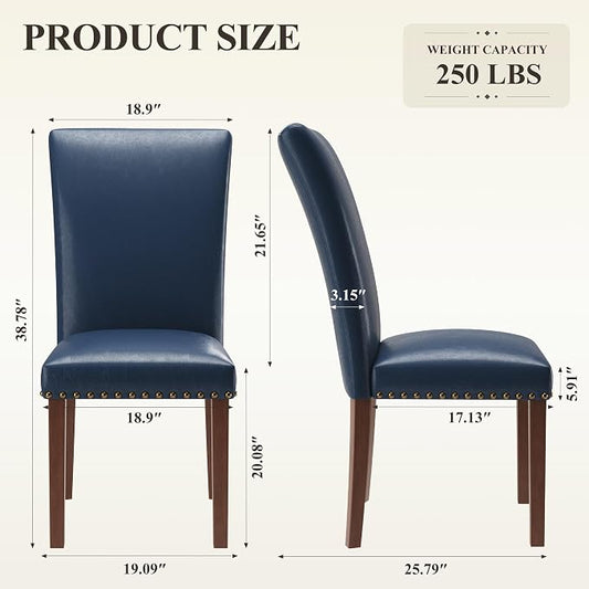 MALOL Dining Chairs Set of 2, High Back Dining Chair with Wood Legs and Nailhead Trim, Modern Padded Kitchen Room Chairs for Dining Room/Restaurant, Blue