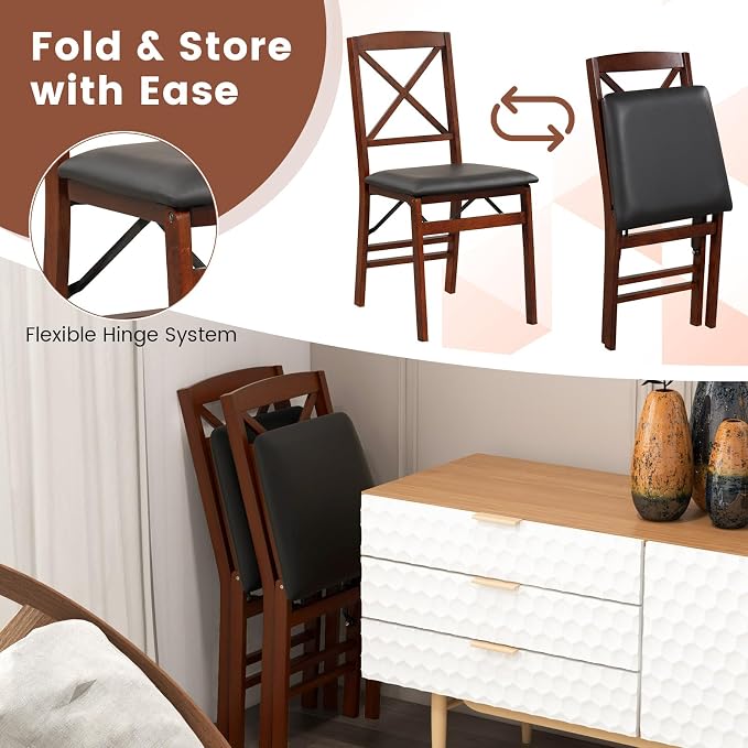 Giantex Folding Dining Chairs Set of 4, Foldable Wood Kitchen Chairs with Padded Seat, Solid Wood Frame, Max Load 400 Lbs, No Assembly Easy to Store Wooden Dining Chairs for Apartment, Small Space