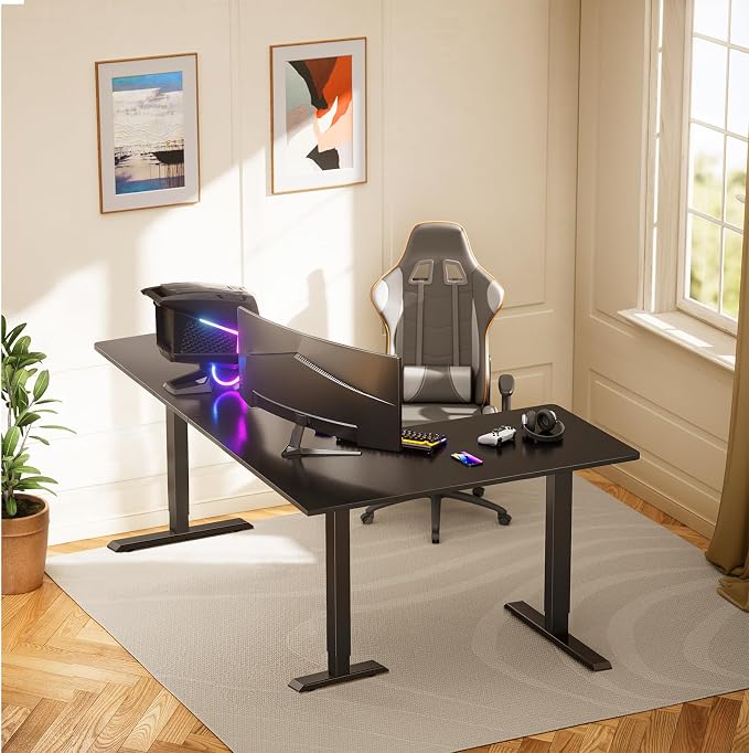 ErGear L Shaped Standing Desk, 75" x 63" Electric Adjustable Height Sit Stand Desk, Ergonomic Large Computer Table, Left & Right Interchangeable Installation, Suitable for Home Office Use, Black