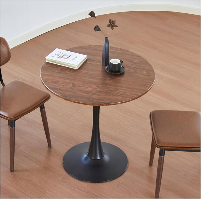 Round Dining Table, 24" Circle Tulip Table with Thickened Tabletop & Metal Pedestal, Mid Century Modern Bistro Table for Kitchen, Small Places, Living Room, Cafe (Faux Walnut)