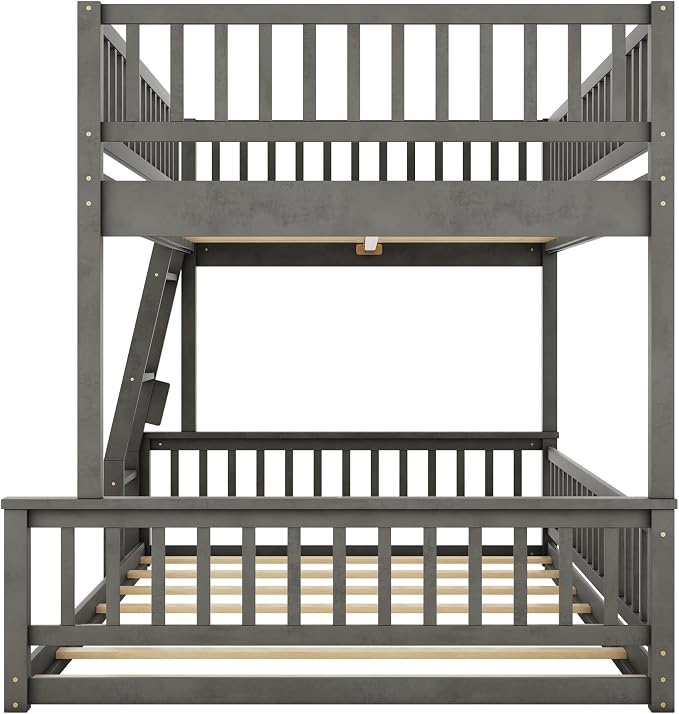 Full XL Over Queen Bunk Bed with Safety Guardrails, Solid Wood Floor Bunk Bed Frame with Sturdy Slat Support for Kids Teens Adults, Detachable Design (Grey-tra)