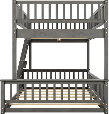 Full XL Over Queen Bunk Bed with Safety Guardrails, Solid Wood Floor Bunk Bed Frame with Sturdy Slat Support for Kids Teens Adults, Detachable Design (Grey-tra)