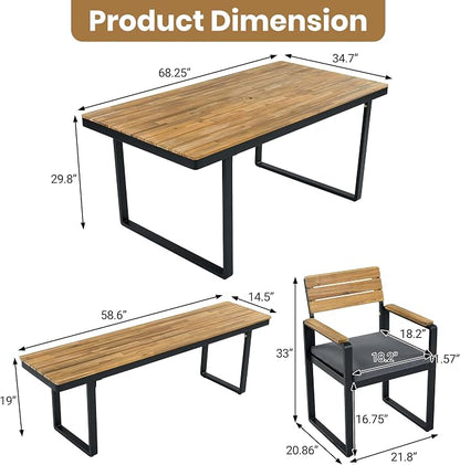 Quarte 6-Piece Outdoor Dining Set with 1 Acacia Wood Table and 4 Chairs & 1 Bench, Adjustable Feet for Patio, Garden, Backyard Family Meals BBQ Parties (Gray-AA)