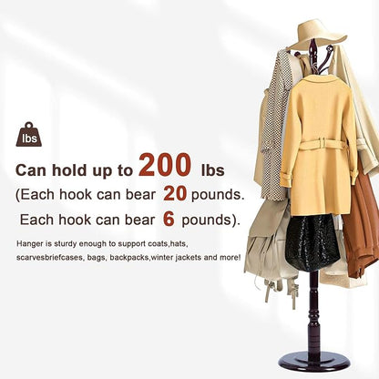 Coat Racks Freestanding, Natural Wood Coat Stands with 14 Hooks, 73" Heavy Duty Adjustable Height Vintage Hall Tree for Entryway, Bedroom, Office, Easy Assembly (Rosewood Ruyi hook)