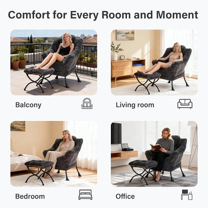 Lazy Chair with Ottoman, Modern Accent Chair Lounge Leisure Sofa Chair with Armrests, Reading Chair and Folding Footstool for Living Room, Bedroom, Office, Plush Navy
