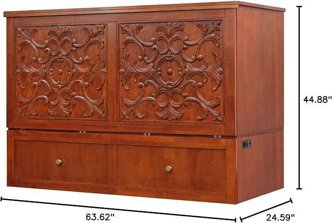 Mega Solutions Notturno Murphy Cabinet Bed Queen 8 inch Save Space in Style with Elegant Cognac Wood Finish Charging Station - Guest Room or Small Apartment Must-Have