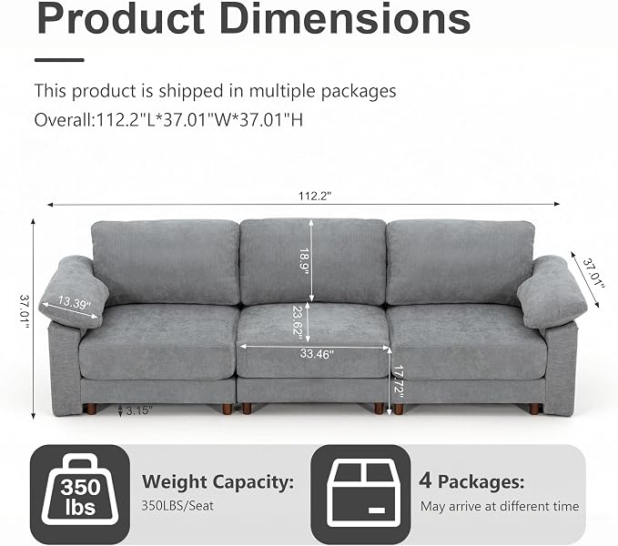 Oversized L Shaped Sectional Couch for Living Room, Extra Large Deep Seat Modular Sectional Sofa with Washable Covers, Modern Cloud Couch for Apartment, Bedroom (Light Gray, 3 Seater)