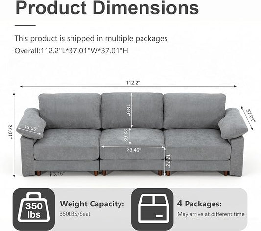 Oversized L Shaped Sectional Couch for Living Room, Extra Large Deep Seat Modular Sectional Sofa with Washable Covers, Modern Cloud Couch for Apartment, Bedroom (Light Gray, 3 Seater)
