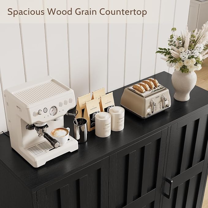 Modern Farmhouse Buffet Cabinet with Storage, 42" Large Sideboard Storage Cabinet with 3 Barn Doors, Coffee Liquor Bar Cabinet Wood Table Credenza with Adjustable Shelf for Kitchen Dining Living Room