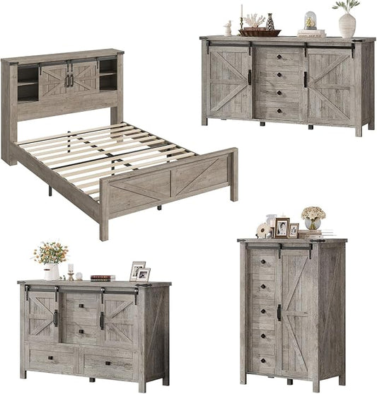 AMERLIFE 4 Pieces Farmhouse Bedroom Set, Includes Full Size Bookcase Headboard Bed Frame, 5 Drawer Tall Dresser, 47'' Dresser with 4 Drawers, 60" Dresser with 4 Drawers, Light Rustic Oak
