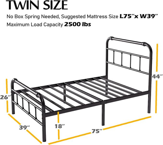 BOSRII Twin Size Bed Frame with Headboard and Footboard, 18 Inches High, 3500 Pounds Heavy Duty Metal Slats Support for Mattress, No Box Spring Needed,Noise-Free, Black