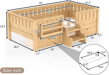 Bellemave Twin Floor Bed with Stairs, Rails and Slats, Twin Size Montessori Floor Bed with Bookshelf and 2 Storage Drawers, Easy Assemble Montessori Beds Frame for Girls, Boys, Deep Natural