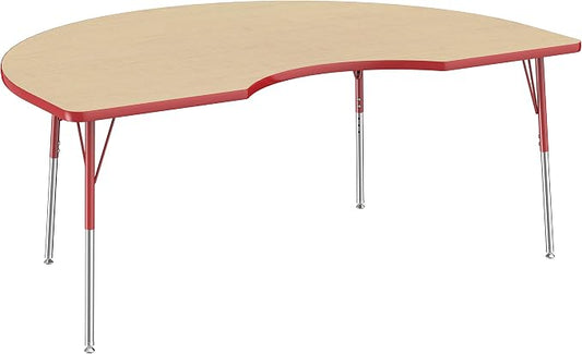 FDP Kidney Activity School and Office Table (48 x 72 inch), Standard Legs with Swivel Glides for Collaborative Seating Environments, Adjustable Height 19-30 inches - Maple Top and Red Edge