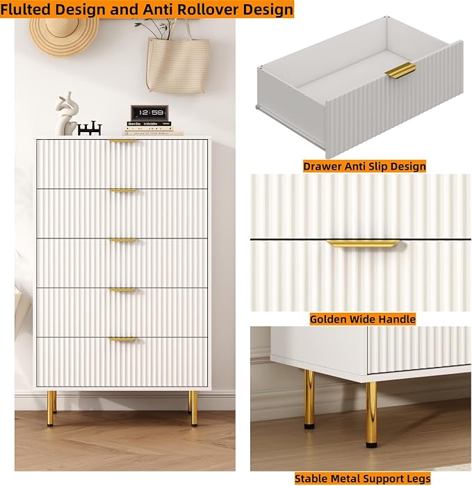 White Fluted 48" Tall Dresser for Bedroom with 5 Drawers and Gold Handle, 30 inch Wide Chest of Drawers Modern Dresser, Wooden Side Table Storage Dressers Organizer for Living Room