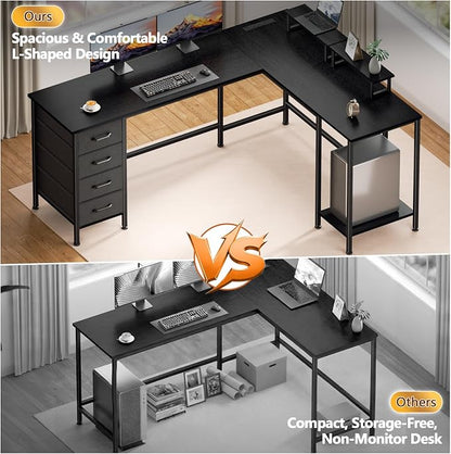 Korfile 66" L Shaped Computer Desk, 94.4'' Home Office Desk with Power Outlets, 4 Adjustable Storage Drawers & 2 Monitor Stands, Large Two Person Gaming Table for Writing Study, Black
