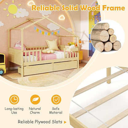 Giantex Twin House Bed with Drawers, Wooden Twin Bed Frame with Cube Storage & Fence Rails, Montessori Beds for Kids Boys, Girls, Bedroom, Living Room, No Box Spring Needed, Natural