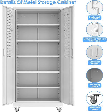 SUXXAN Metal Storage Cabinet with Wheels and Pegboard, 71" Tall Industrial Steel Cabinet with 5 Adjustable Shelves & Locking Doors, Rolling Garage Storage Cabinet for Office, Pantry, Home