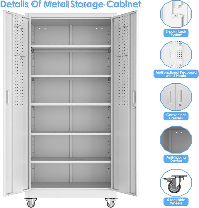SUXXAN Garage Storage Cabinet with Pegboard and 5 Adjustable Shelves, 71'' x 32'' x 16''Metal Lockable Cabinet with Magnetic Doors,Tool Storage,Home Office Garage,Gym,School(White)