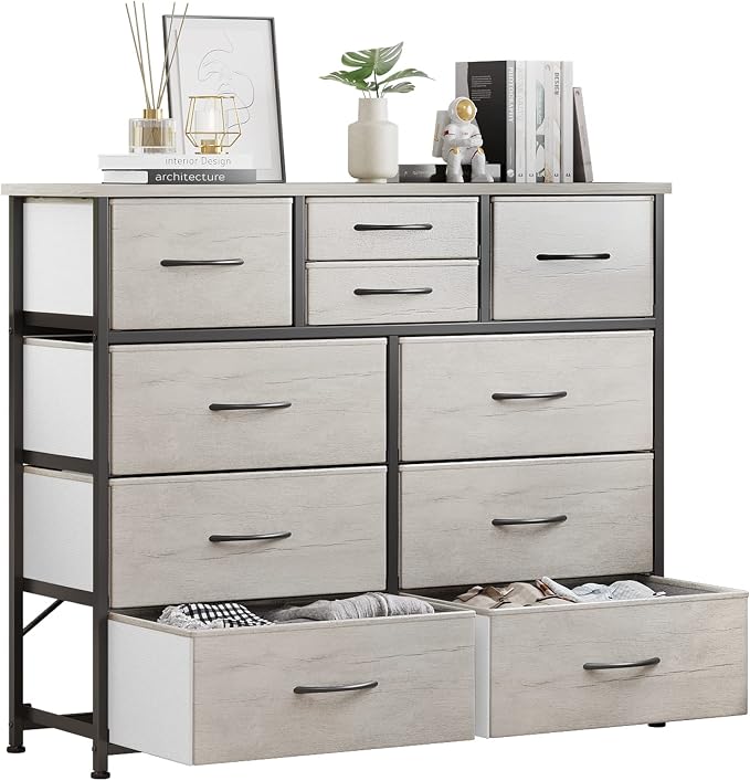 LUMTOK 10-Drawer Dresser, Fabric Storage Tower with Drawers for Bedroom, Dresser Drawer with Handle for Bedroom, Living Room, Hallway, Closets & Nurseryteel Frame, Wood Top (10 Drawer/Greige)