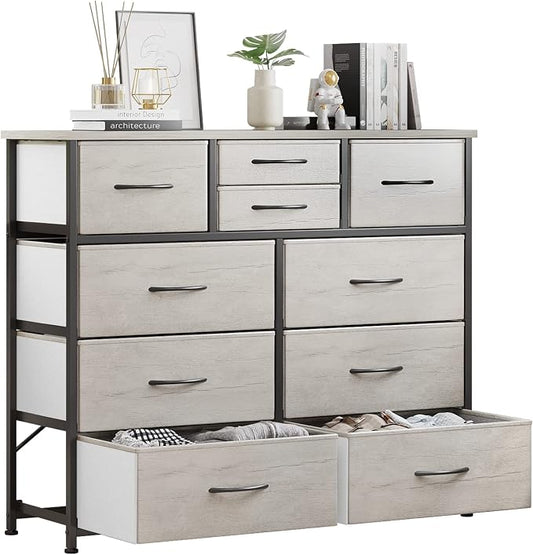 LUMTOK 10-Drawer Dresser, Fabric Storage Tower with Drawers for Bedroom, Dresser Drawer with Handle for Bedroom, Living Room, Hallway, Closets & Nurseryteel Frame, Wood Top (10 Drawer/Greige)