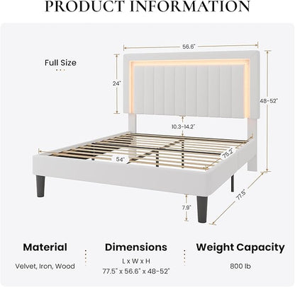 SHA CERLIN Full Size Velvet Bed Frame with LED Light, Adjustable Vertical Channel Tufted Headboard, Strong Wooden Slats Support, Noise-Free, No Box Spring Needed, White