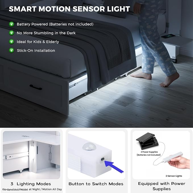 Kikihouse Murphy Bed with Motion Sensor Lights, Full Size Murphy Cabinet Bed Hideaway Bed with Storage & Charging Station for Bedroom/Guest Room/Office, Foldable Platform Bed Frame, White