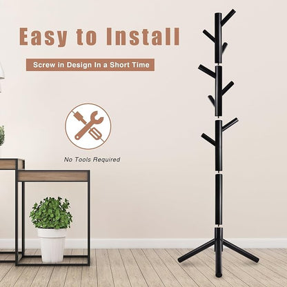 Coat Rack, Coat Racks Freestanding with 8 Hooks 3 Adjustable Heights for Clothes, Hats, Handbags, Coat Tree Easy Assembly for Entryway, Bedroom, Hallway, Office(Black)