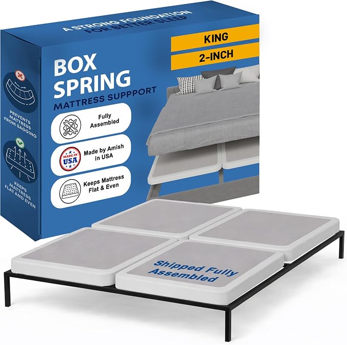 Greaton, Box Spring Bed Base King Size, 2-Inch Wood Mattress Foundation - Amish Made in USA – Quiet Noise Free, 4-Pieces Under Mattress-Support BoxSpring, Fully Assembled, White