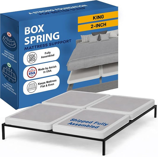 Greaton, Box Spring Bed Base King Size, 2-Inch Wood Mattress Foundation - Amish Made in USA – Quiet Noise Free, 4-Pieces Under Mattress-Support BoxSpring, Fully Assembled, White
