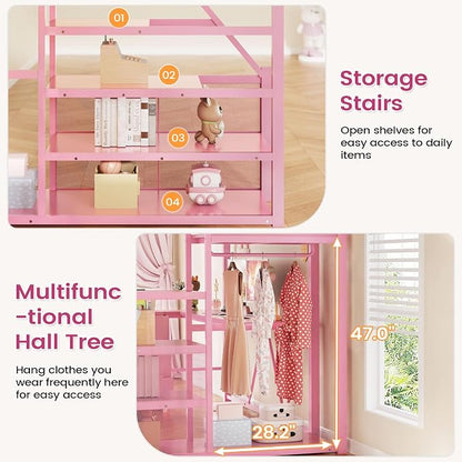 Itaar Full Size Loft Bed with Desk and Storage Stairs, Metal Loft Bed with 6 Storage Drawers, Hall Tree, LED Lights and Power Outlet, for Kids, Teens, Adults, Pink