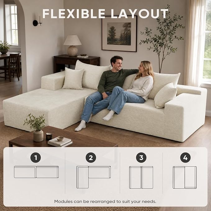 Boneless Couch, 102.4" Sectional Couches for Living Room with L Shape Sofa | Cloud Couch Sectional with Chaise, Modular Cloud Sofa with Deep Seat, No Assembly, Beige, Corduroy, Left Chaise