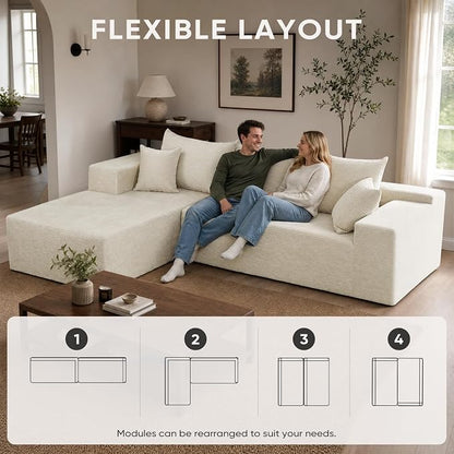Boneless Couch, 102.4" Sectional Couches for Living Room with L Shape Sofa | Cloud Couch Sectional with Chaise, Modular Cloud Sofa with Deep Seat, No Assembly, Beige, Corduroy, Left Chaise